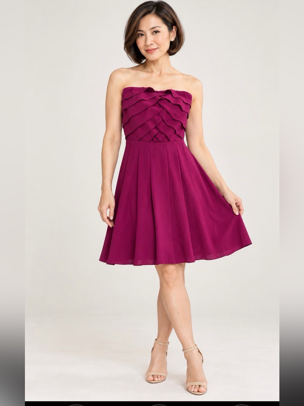 Express Strapless Ruffle Bodice Midi Dress in Magenta